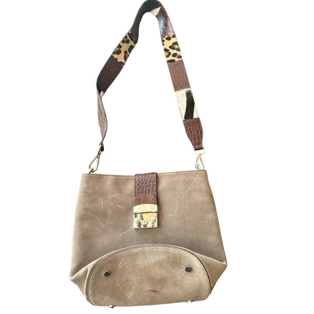 Tan and Brown Suede Shoulder Bag with Gold Clasp